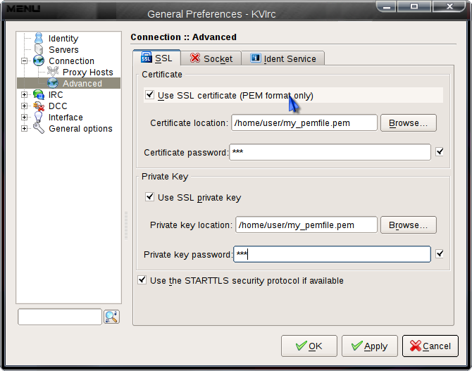 KVIrc: Use SSL certificate, private key